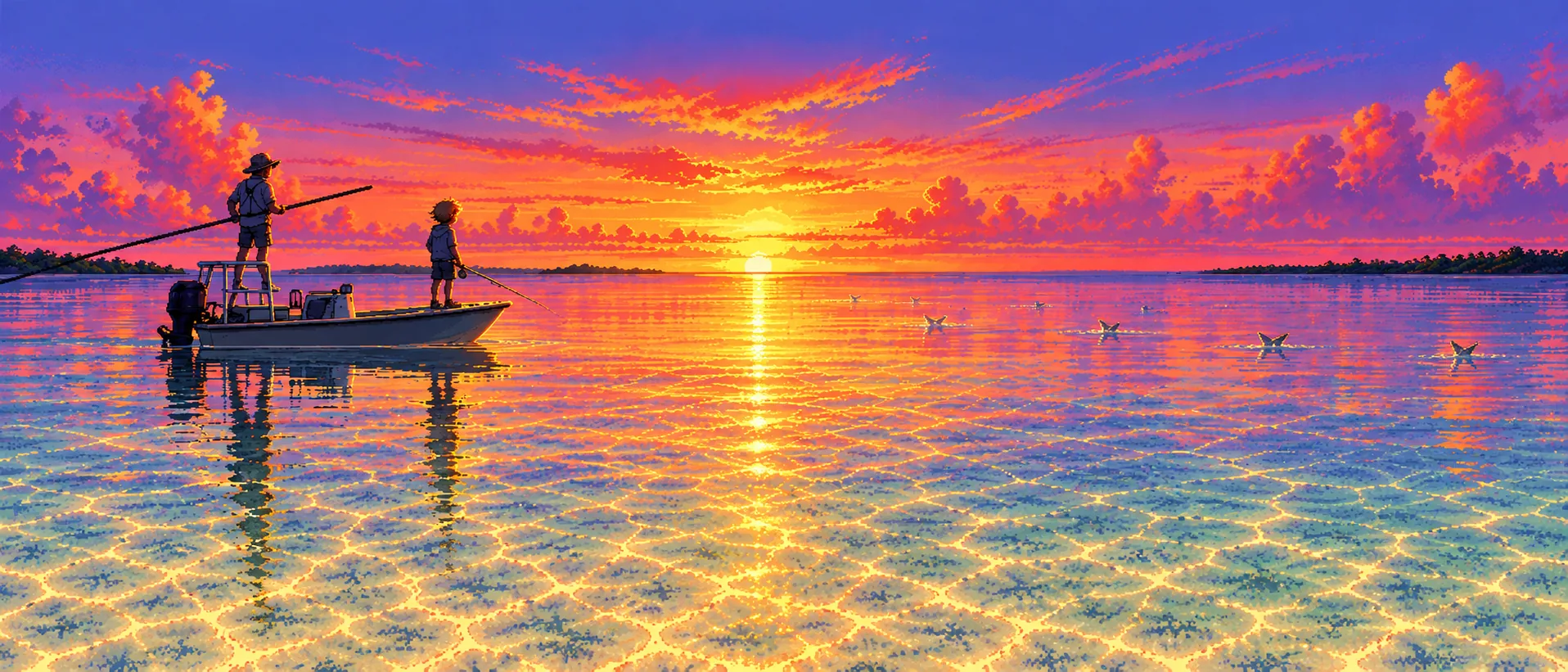Clint poling the skiff at sunset while Finn stands on the bow with a fly rod, tarpon rolling across a glowing flat.